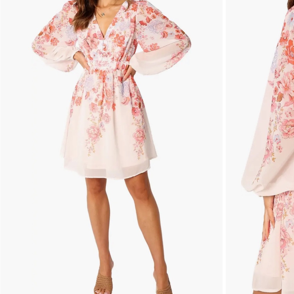 Floral V-Neck Pink Long-Sleeve A-Line Dress